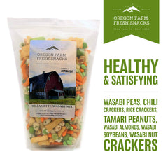 Oregon Farm Fresh Snacks Wasabi Peas & Rice Crackers Mix hero-shot suggests bold snacking for gatherings