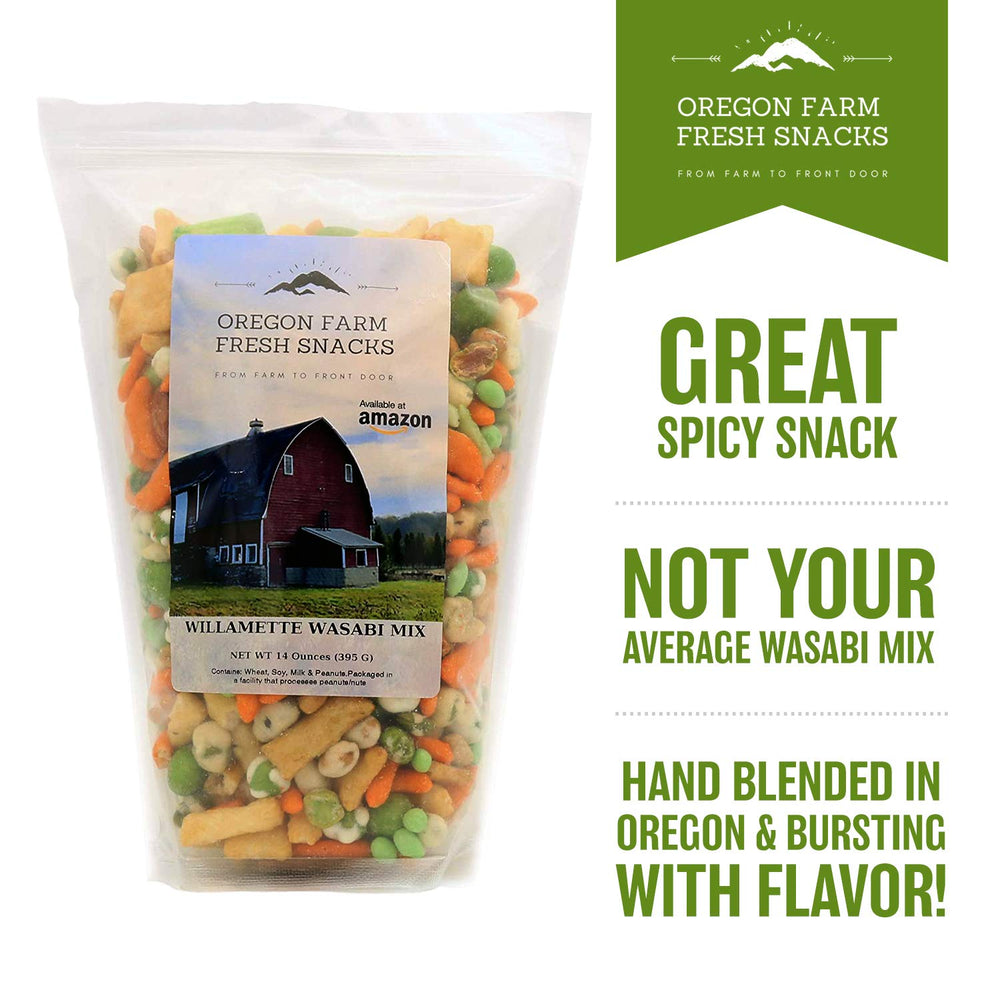 Oregon Farm Fresh Snacks Wasabi Peas & Rice Crackers Mix close-up reveals crunchy texture and bold heat