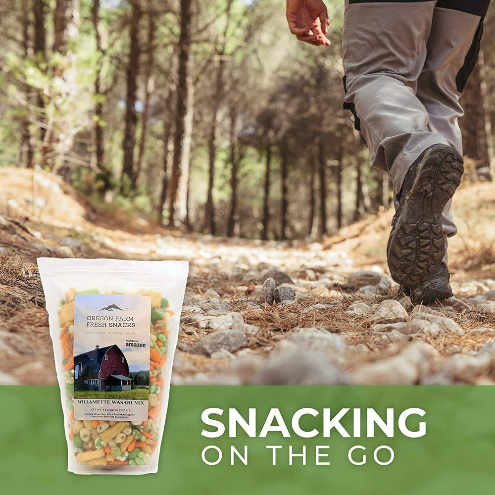 Oregon Farm Fresh Snacks Wasabi Peas & Rice Crackers Mix Oregon label emphasizes local sourcing