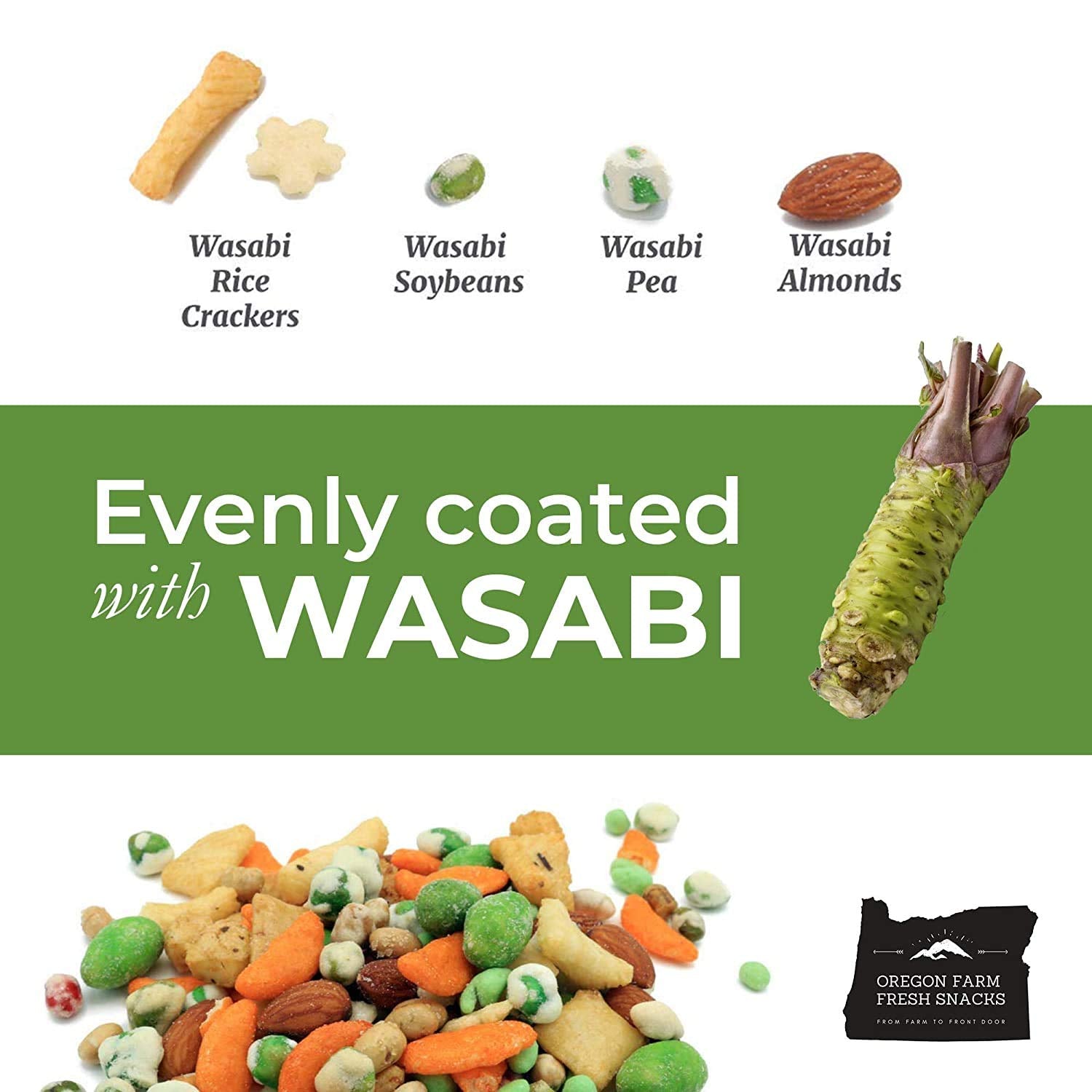 Oregon Farm Fresh Snacks Wasabi Peas & Rice Crackers Mix close-up captures chili crackers and peas