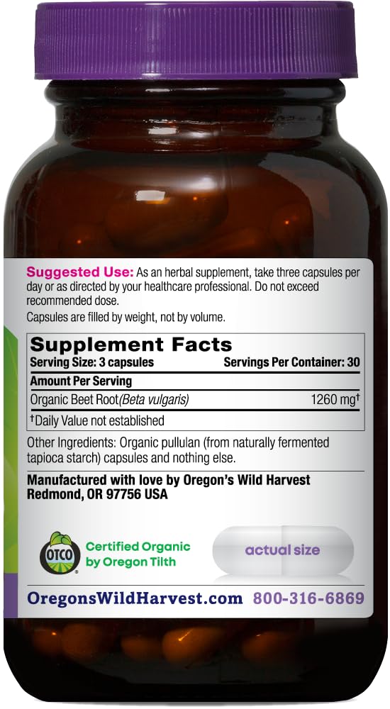 Oregon's Wild Harvest beet root capsules back label showing organic and non-GMO details