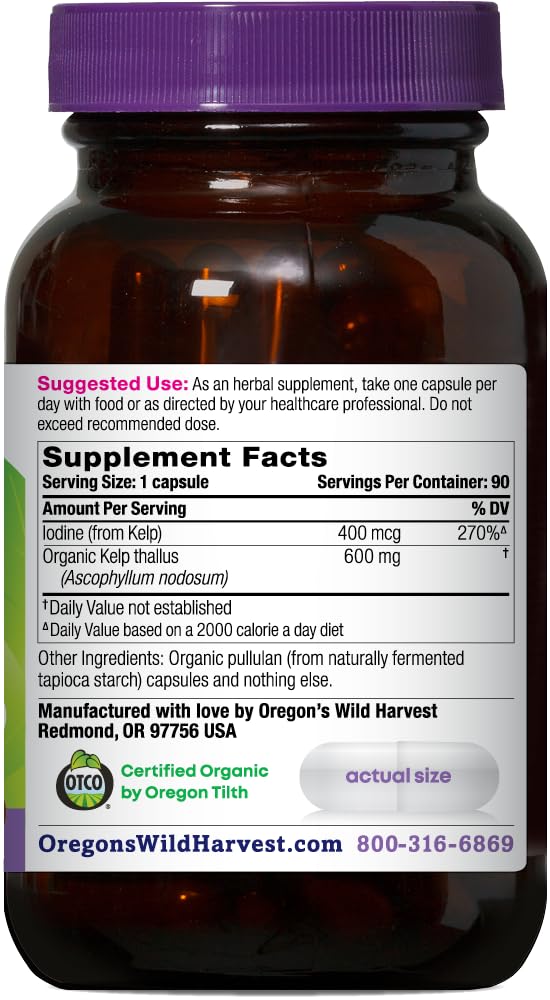 Oregon's Wild Harvest Kelp capsules showcase vegan, iodine-rich formula for daily use.