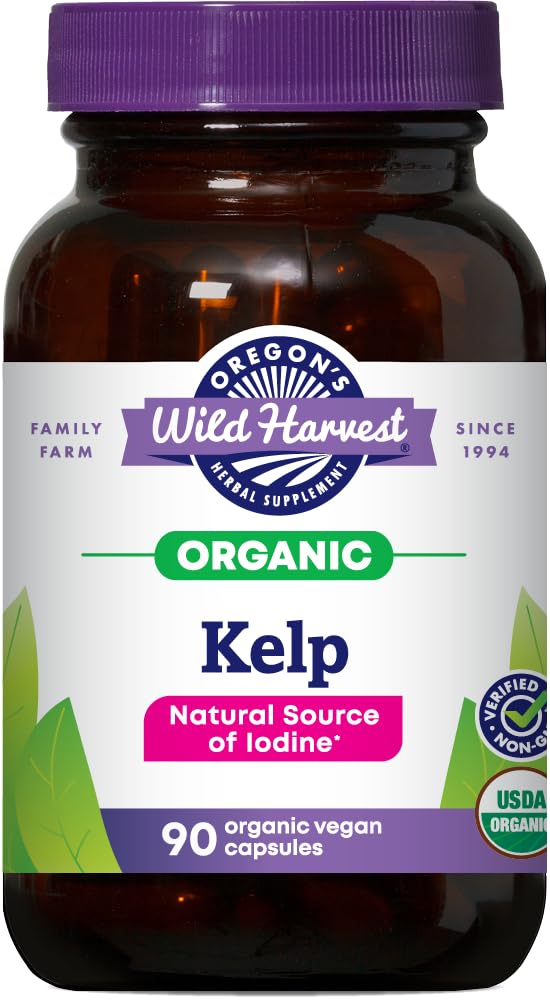Oregon's Wild Harvest Kelp organic supplement bottle with iodine-rich capsules.