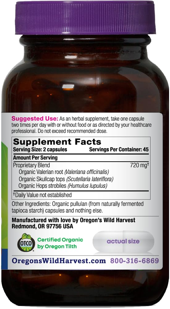 Oregon's Wild Harvest Muscle Relax bottle back shows organic and non-GMO certifications.