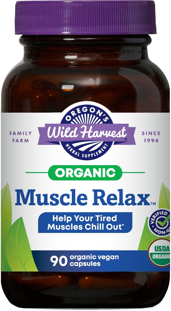 Oregon's Wild Harvest Muscle Relax bottle front with 90-count vegan capsules for daily calm.