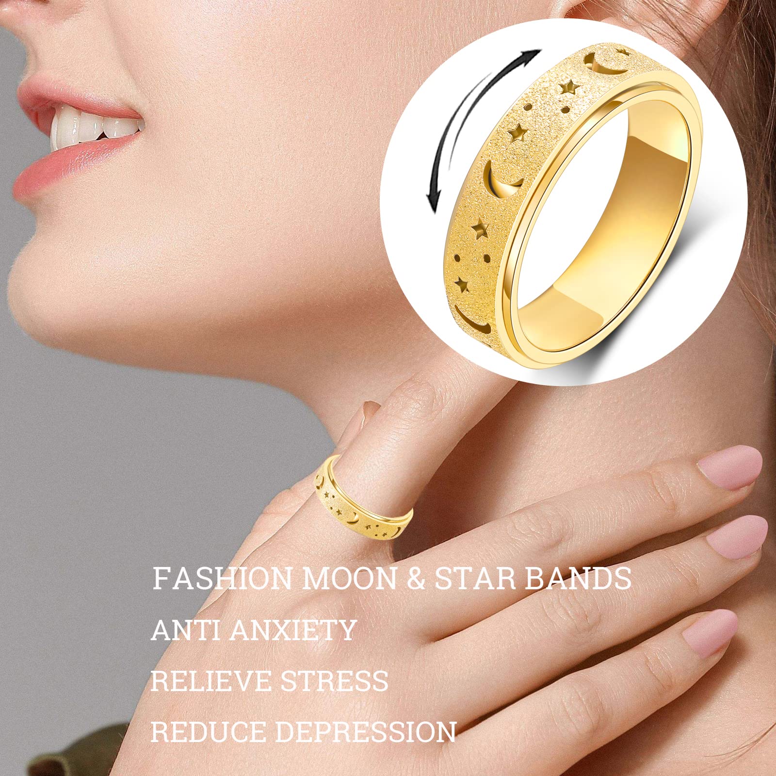 OreilleStar Moon Star Spinner in rose gold, mindful fidgeting for relaxation.