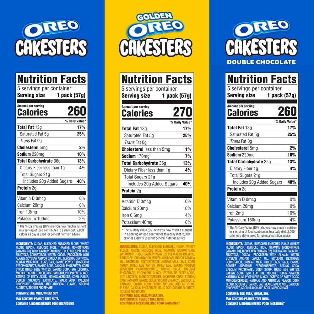OREO Cakesters Golden box front highlighting soft golden cakes and creamy filling.