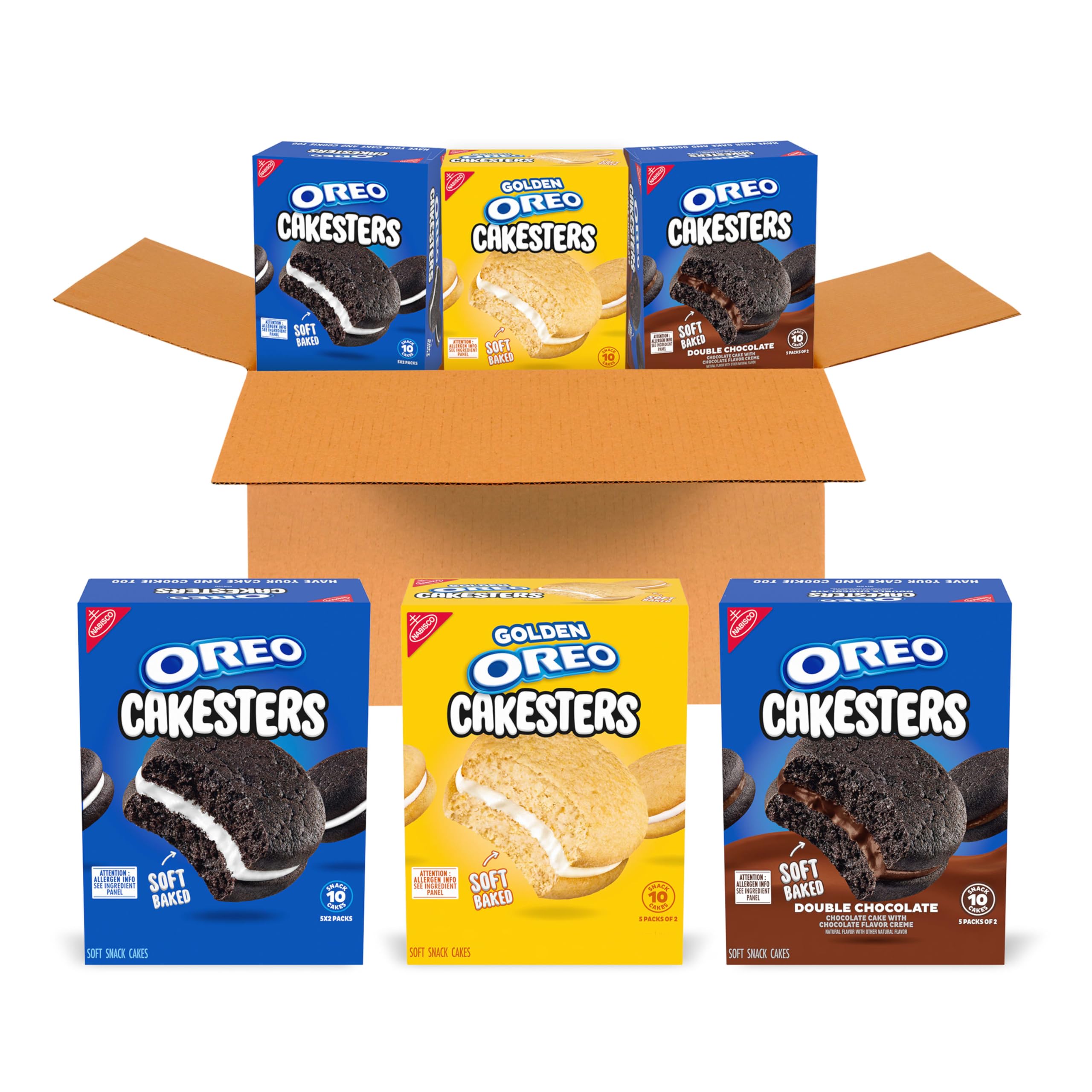 OREO Cakesters Original box front showing three flavors for easy grab-and-go snacking.