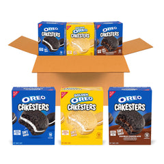 OREO Cakesters Original box front showing three flavors for easy grab-and-go snacking.