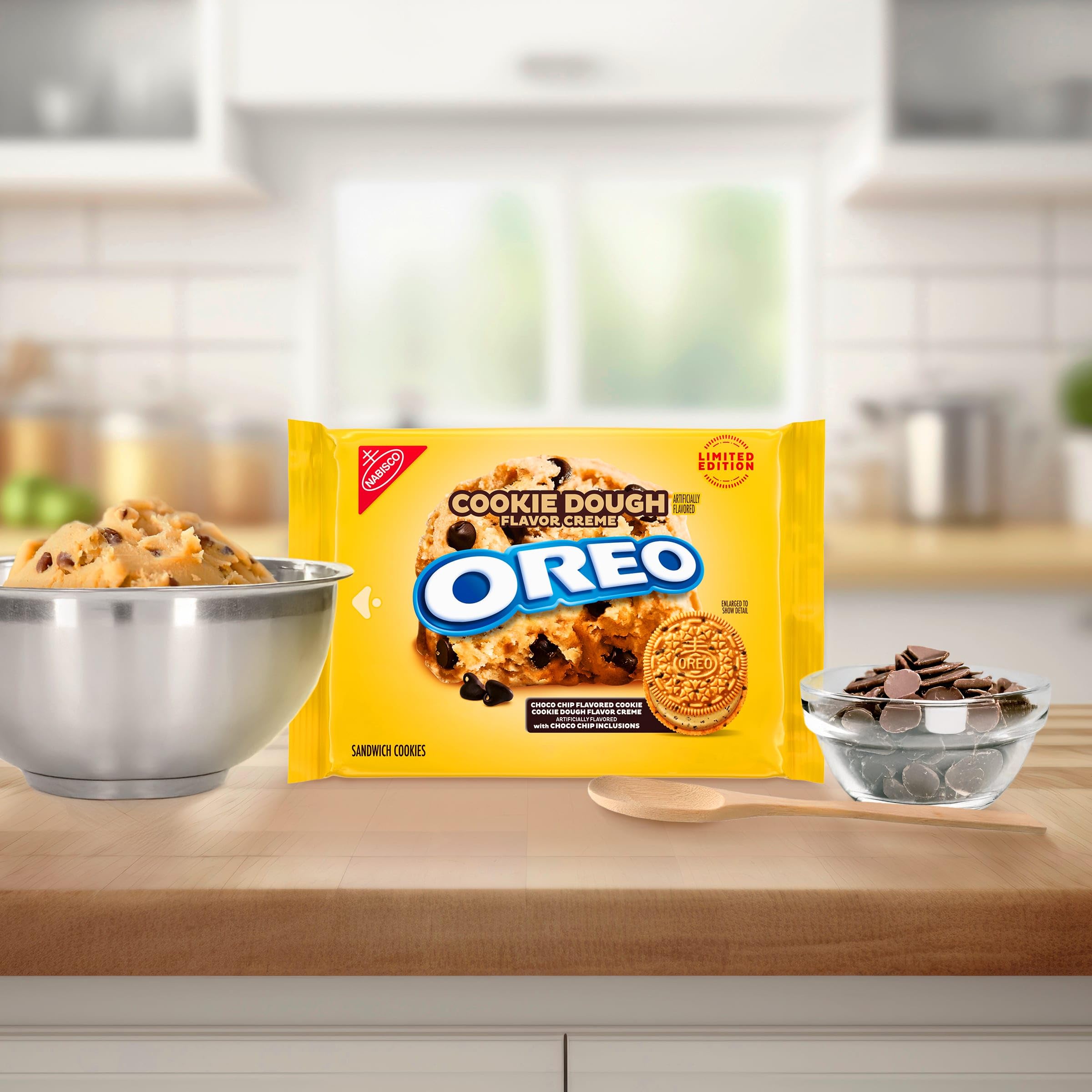 OREO Cookie Dough Creme Sandwich image shows the sandwich layers for indulgent bite-size moments.
