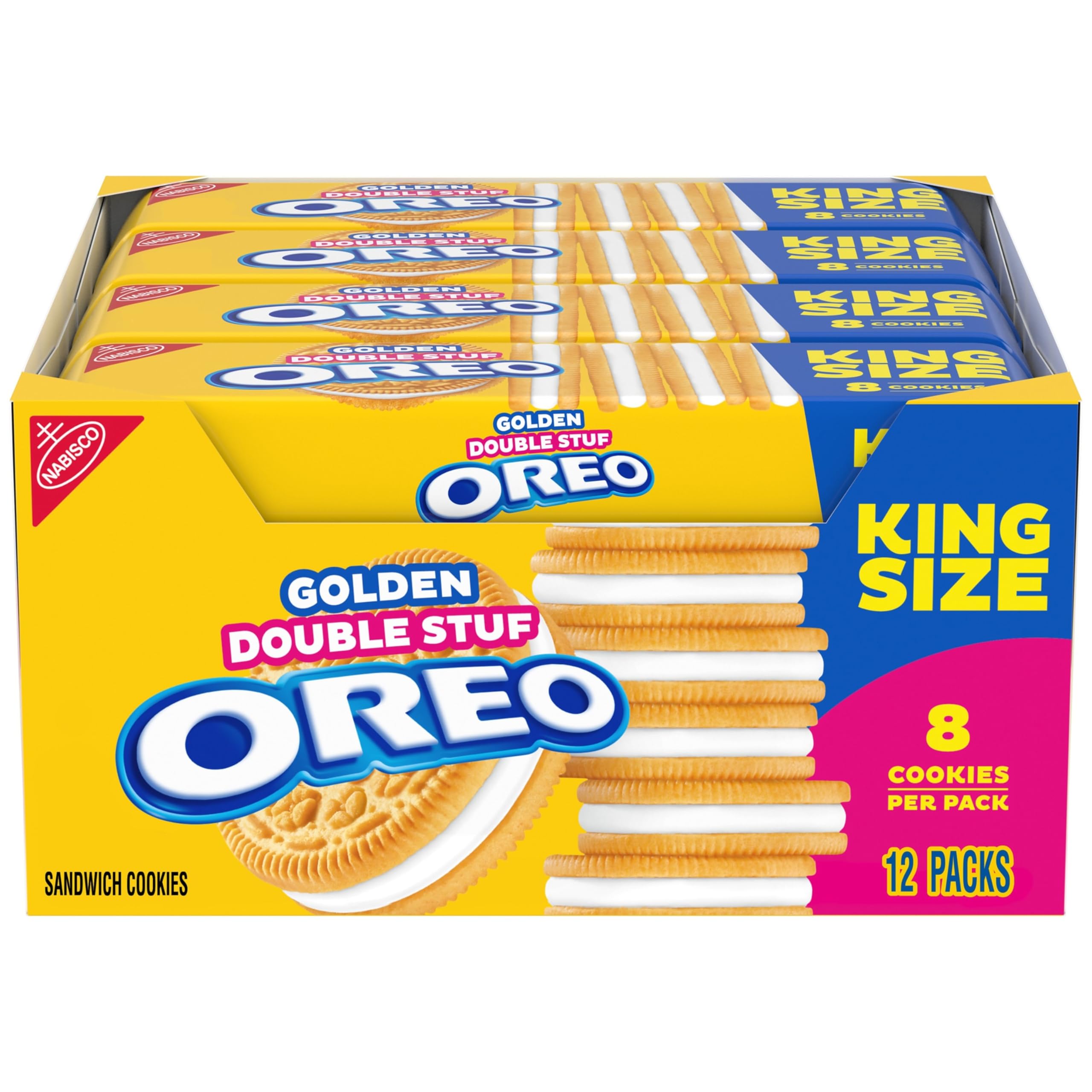 OREO Double Stuf Golden front-pack display, ideal for sharing at gatherings.