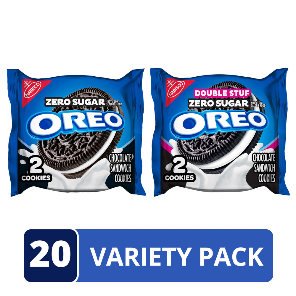 OREO Double Stuf Zero Sugar two-cookie pack close-up with extra creme.
