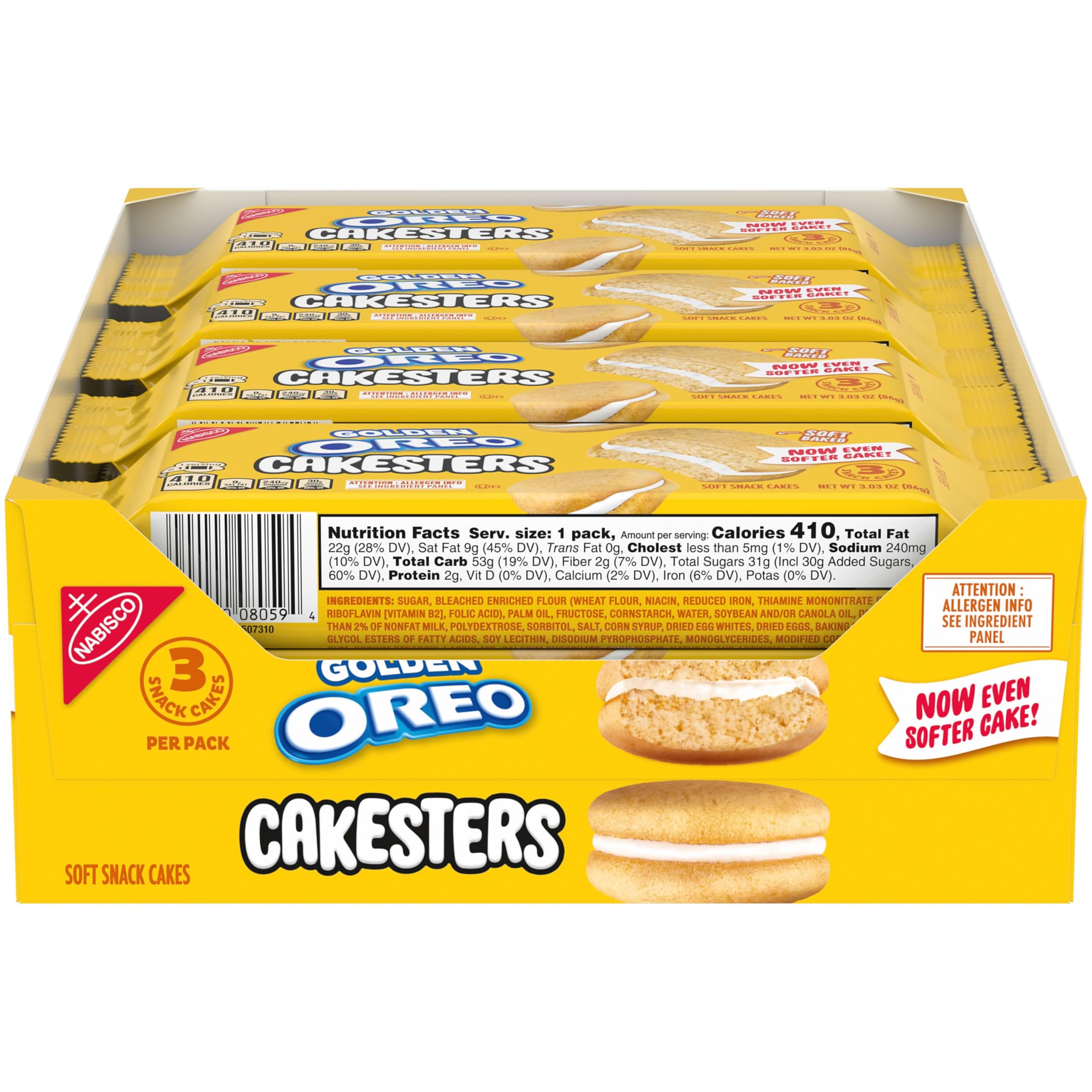 OREO Golden Cakesters snack pack with three soft cakes per pack for lunchboxes