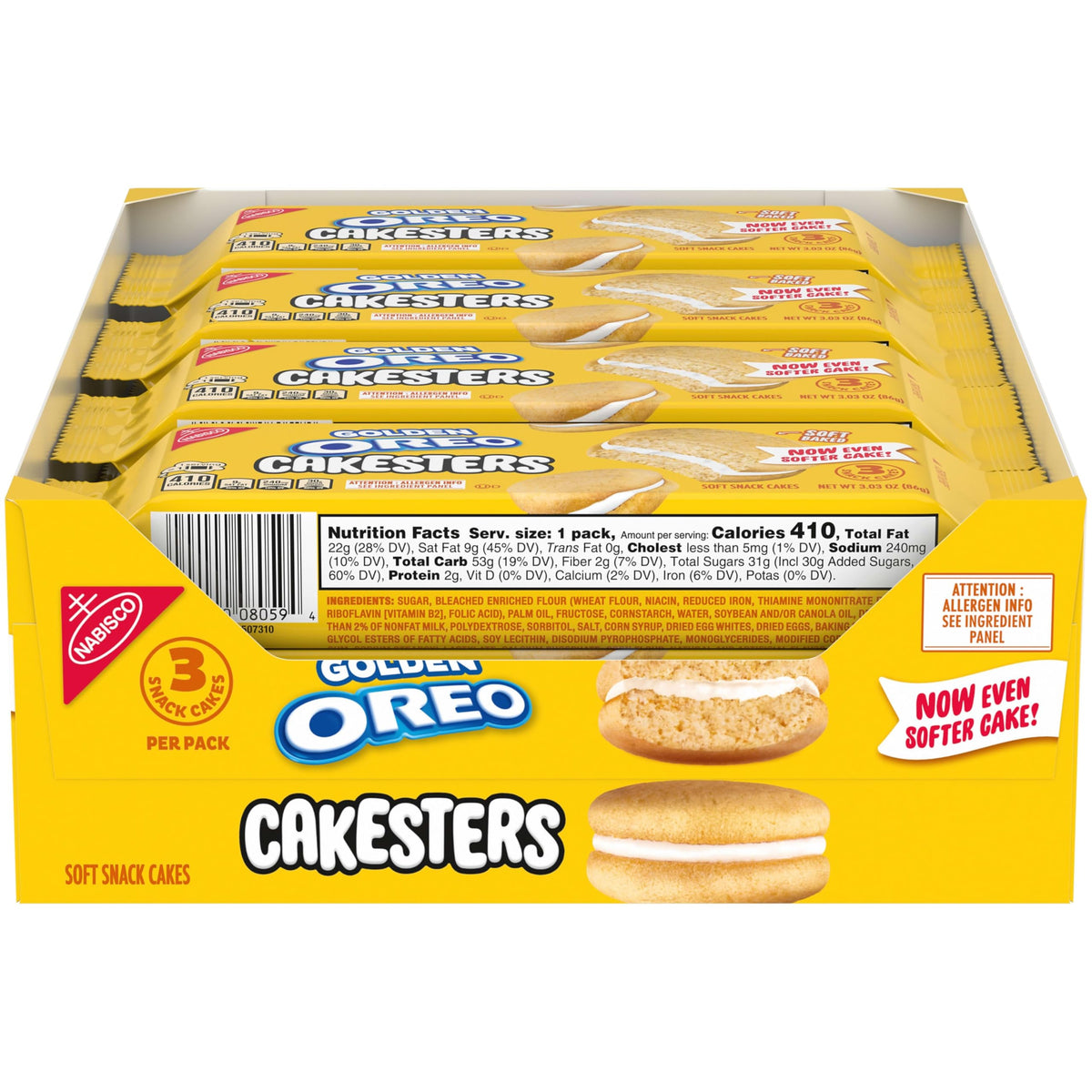OREO Golden Cakesters snack pack with three soft cakes per pack for lunchboxes