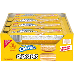 OREO Golden Cakesters snack pack with three soft cakes per pack for lunchboxes