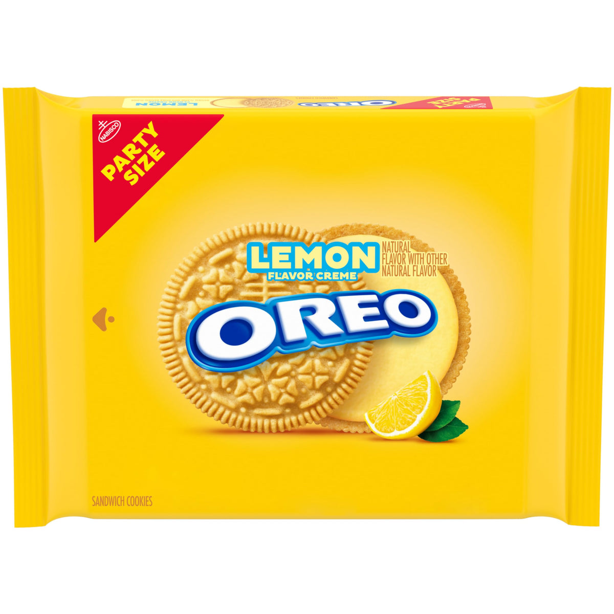 OREO Lemon Creme cookie pack close-up with lemon filling, ideal for dunking and sharing.