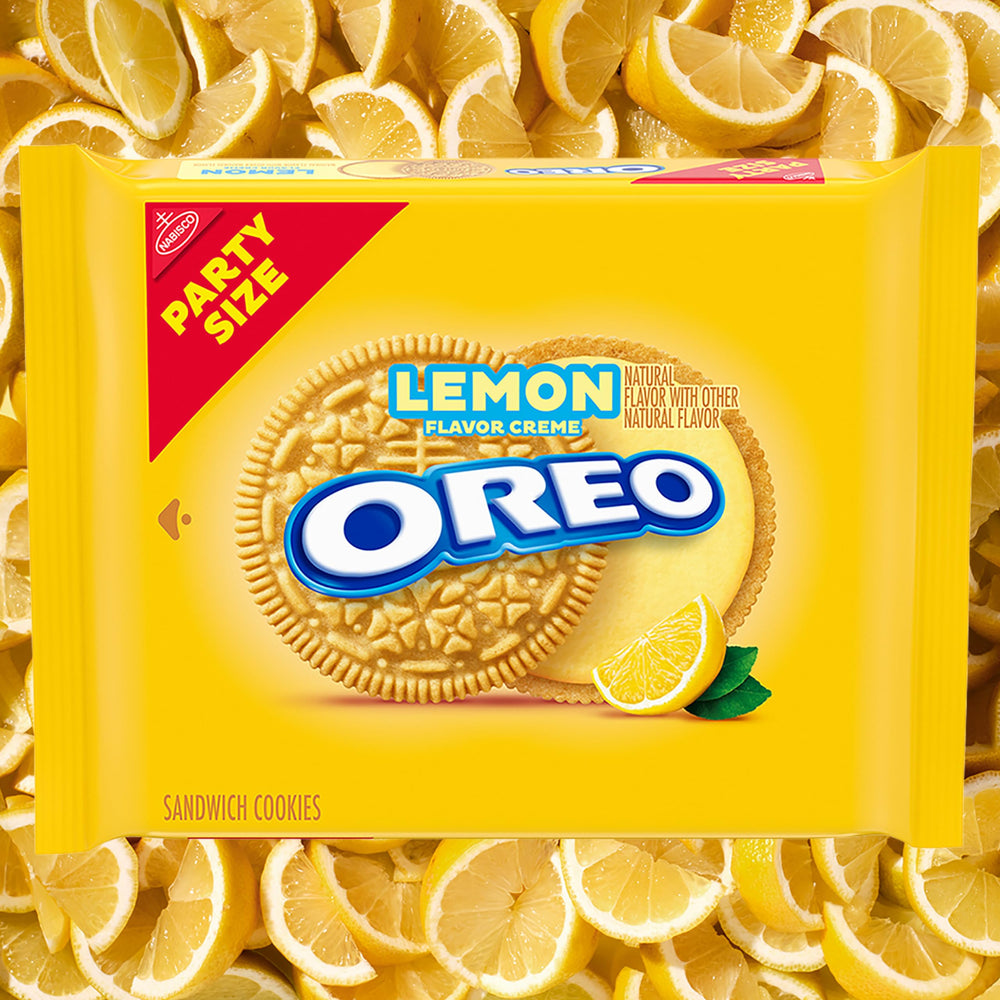 OREO Lemon Creme dessert-mix concept with cookies beside a lemon dessert bowl.