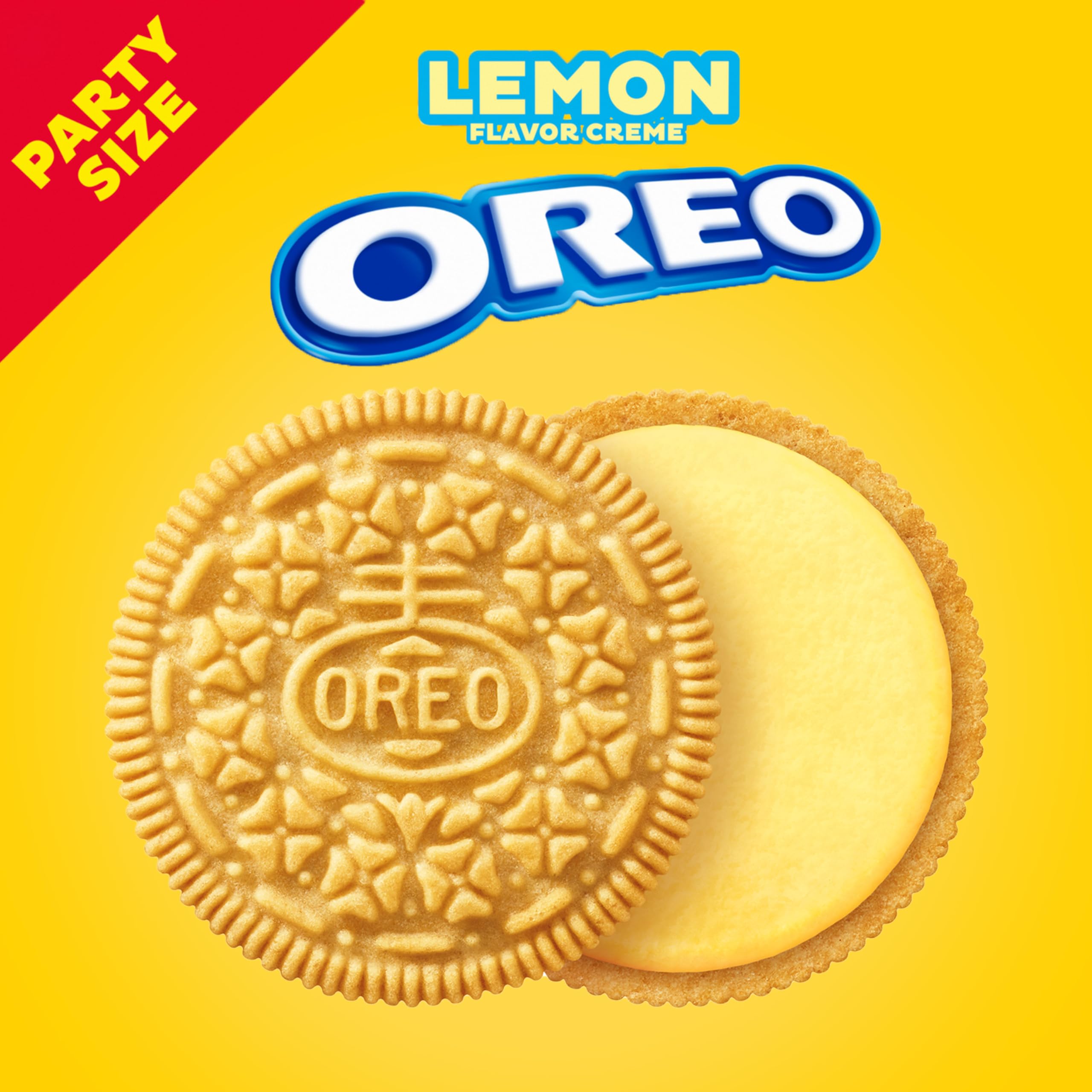 OREO Lemon Creme party-size pack on a table, convenient bulk snack for gatherings.