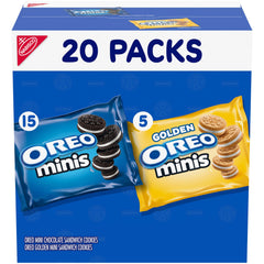 OREO Mini Mix Variety Pack display with twenty snack packs for sharing.