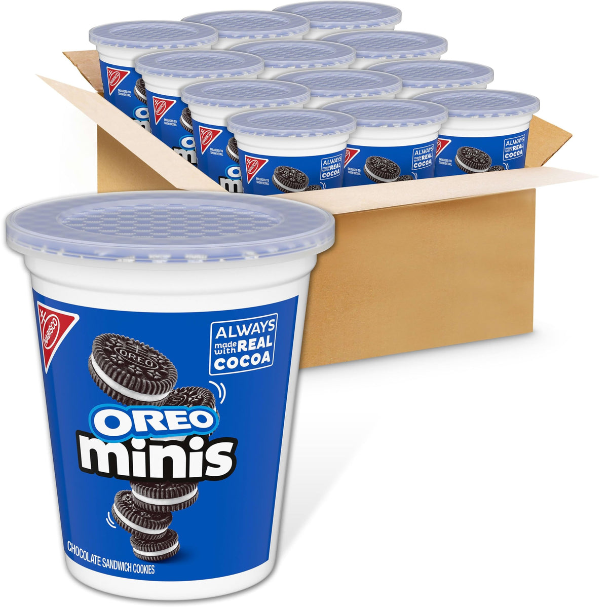 OREO Minis snack cups, front view, showcasing bite-sized cookies.