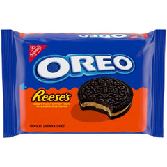 OREO REESE'S pack shot shows shareable cookies with peanut butter chocolate flavor.