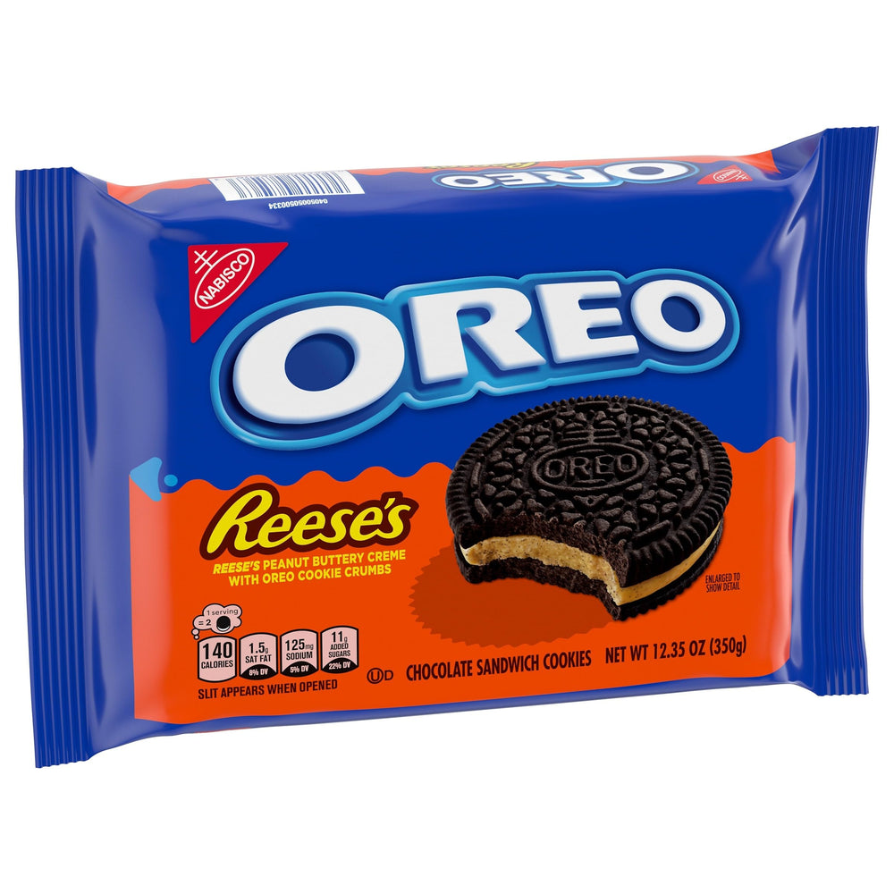 OREO REESES two-wafer sandwich closeup showing the cookies and creme.
