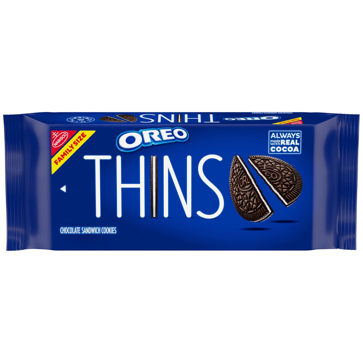 OREO Thins packaging image shows resealable pouch to keep cookies fresh and crispy.