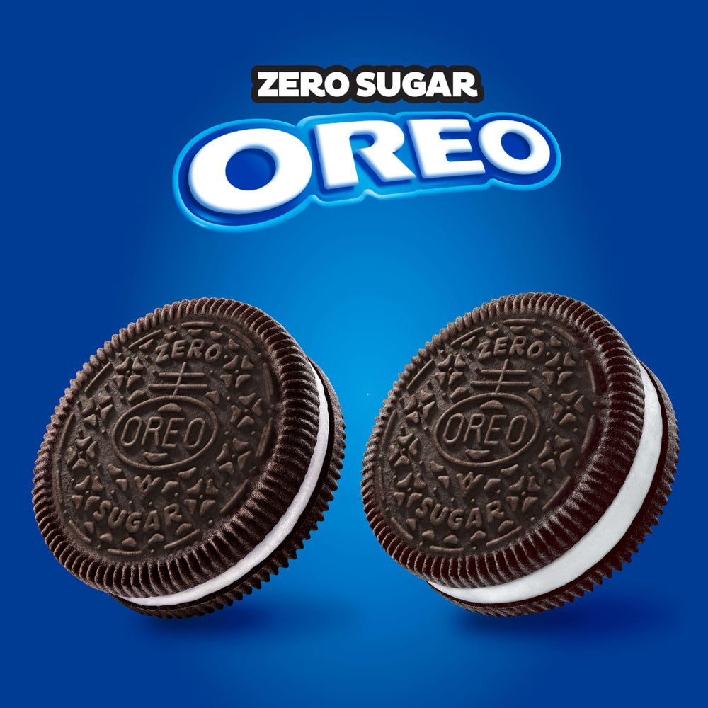 OREO Zero Sugar cookie wafers close-up showing real cocoa aroma.
