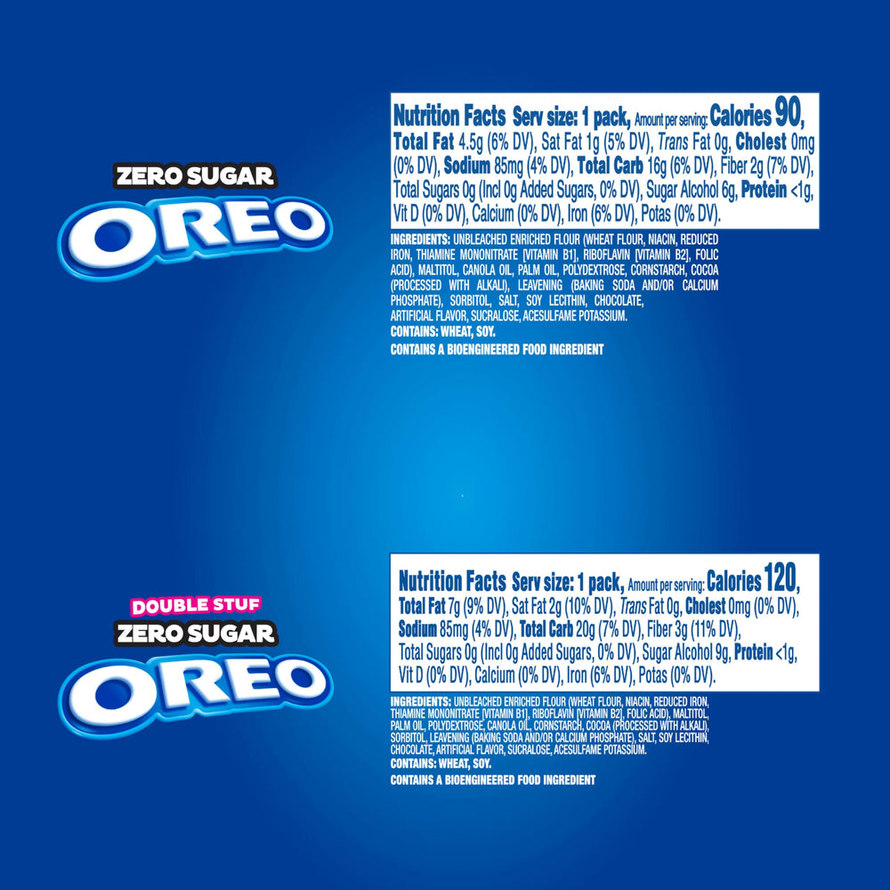 OREO Zero Sugar two-cookie pack close-up highlighting portion control.