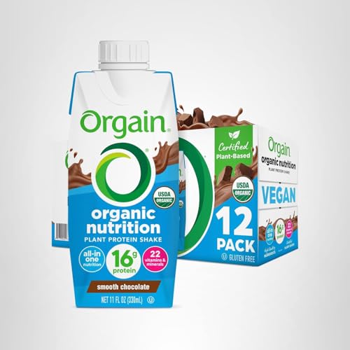 Orgain 12-pack display emphasizes convenient bulk purchase and pantry-friendly nutrition.