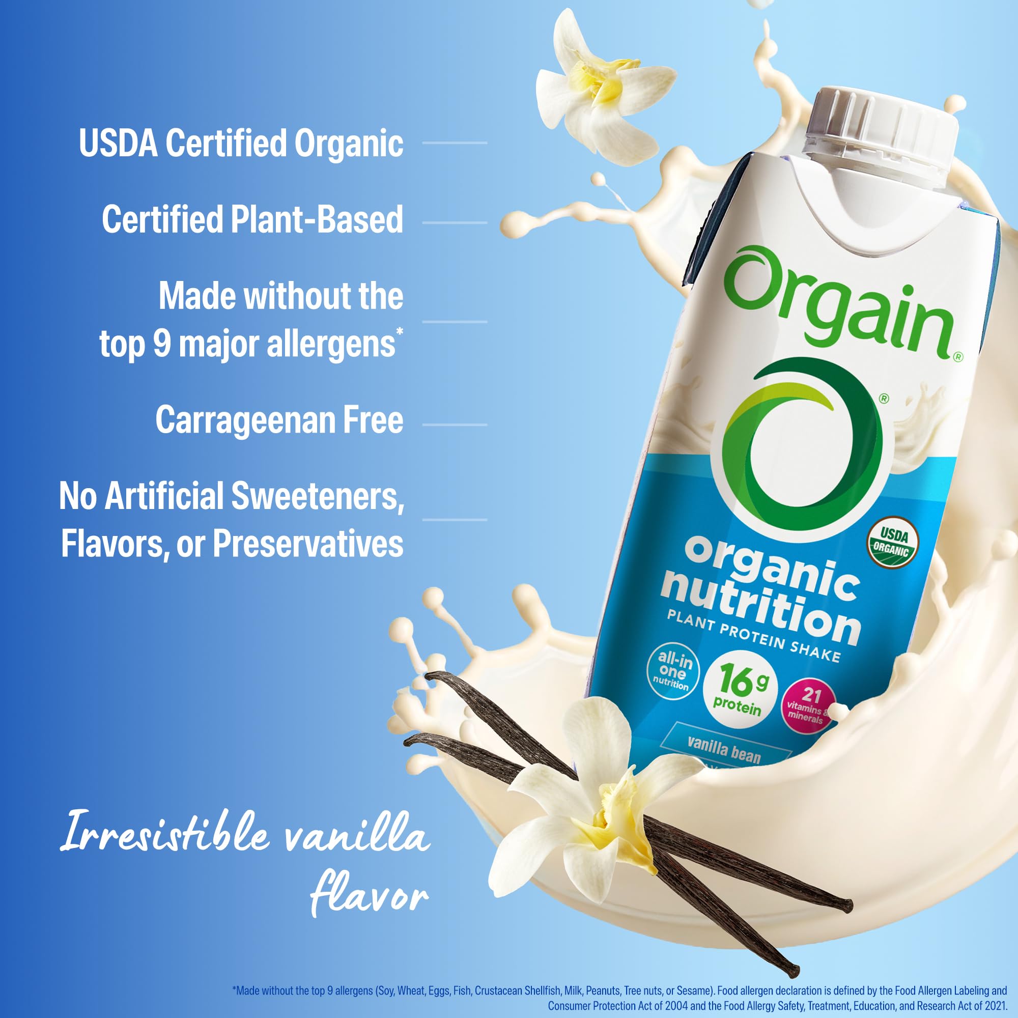 Orgain packaging highlights 21 vitamins and minerals for daily nutrition support.