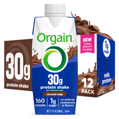 Orgain 30g High Protein Shake bottle front view highlights creamy chocolate fudge flavor for post-workout fueling.