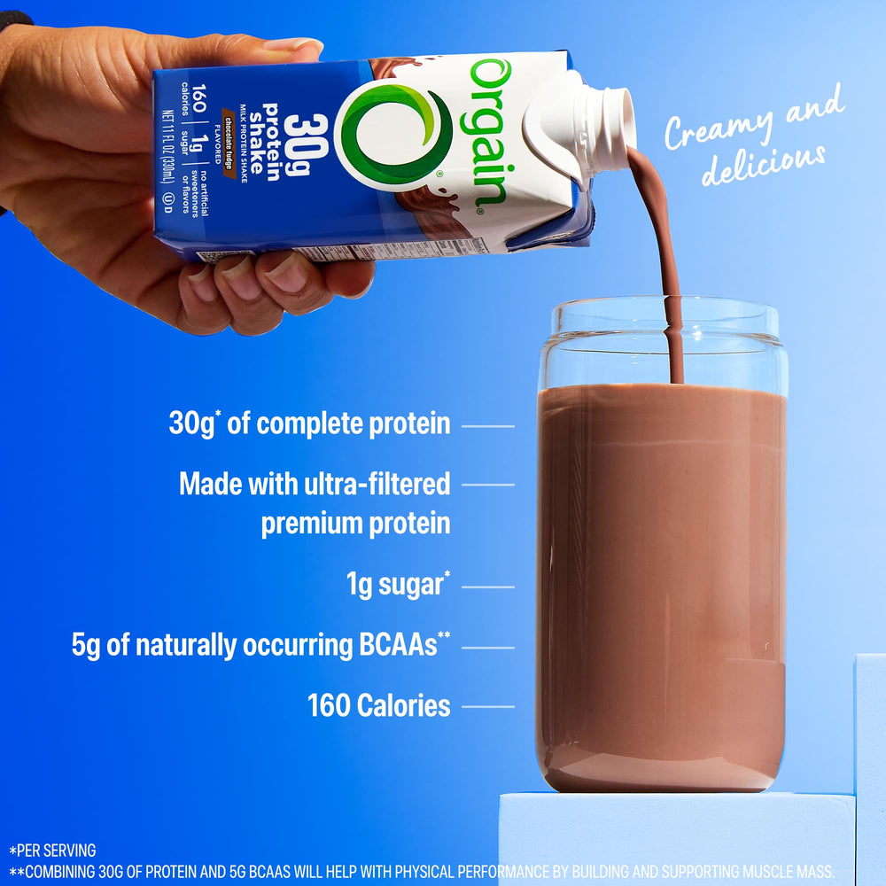 Orgain 30g High Protein Shake ingredients close-up emphasizes gluten-free, dairy-based protein.