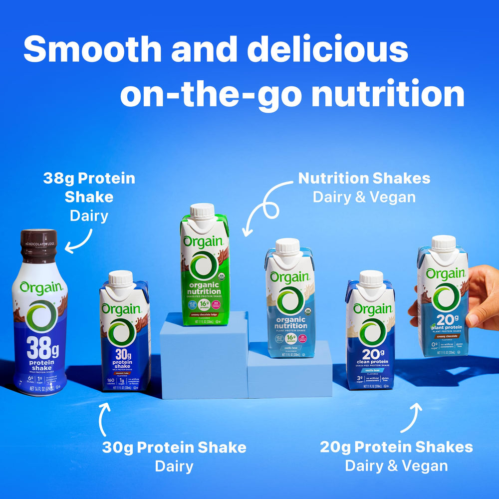 Orgain chocolate fudge shake close-up section underscores premium dairy protein quality.