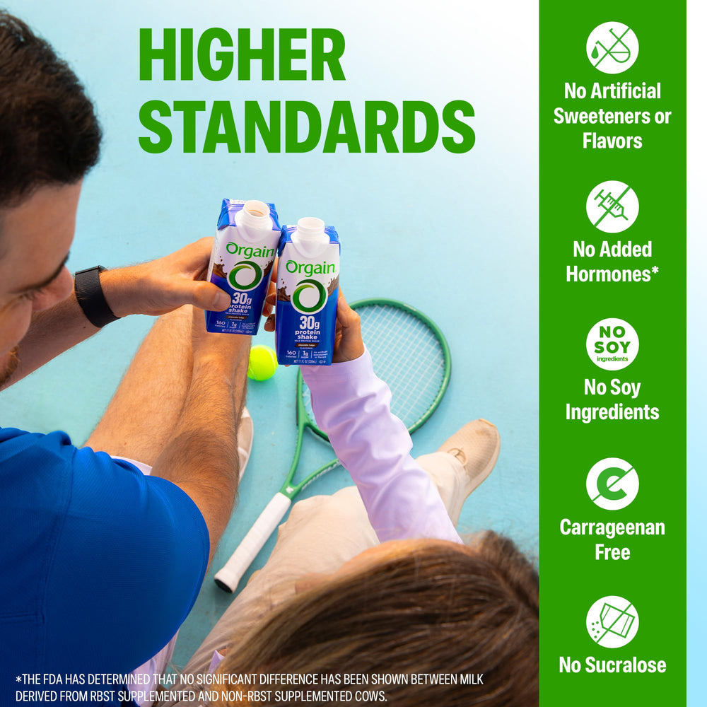 Orgain ready-to-drink bottle shown in a backpack emphasizes on-the-go nutrition.