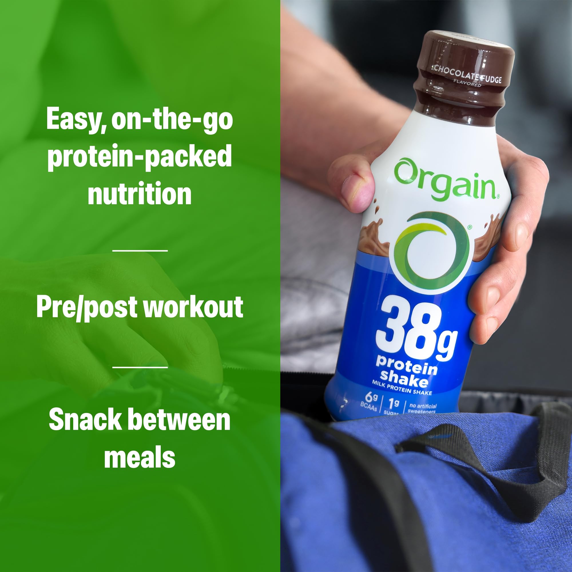 Orgain 38g protein shake keto-friendly and gluten-free badge on label.