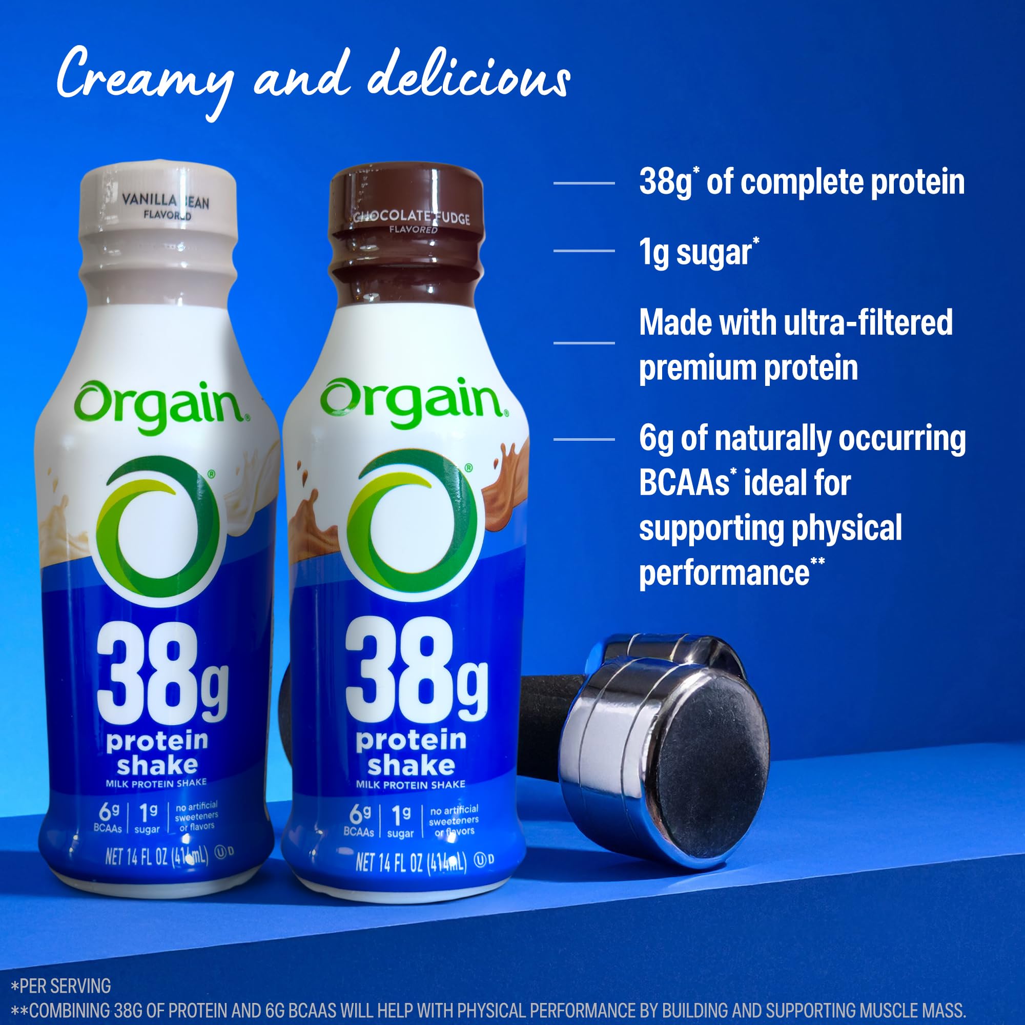 Orgain 38g protein shake nutrition label highlights 6g BCAAs and 1g sugar.