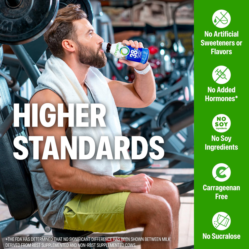 Orgain 38g protein shake on-the-go bottle beside gym bag.
