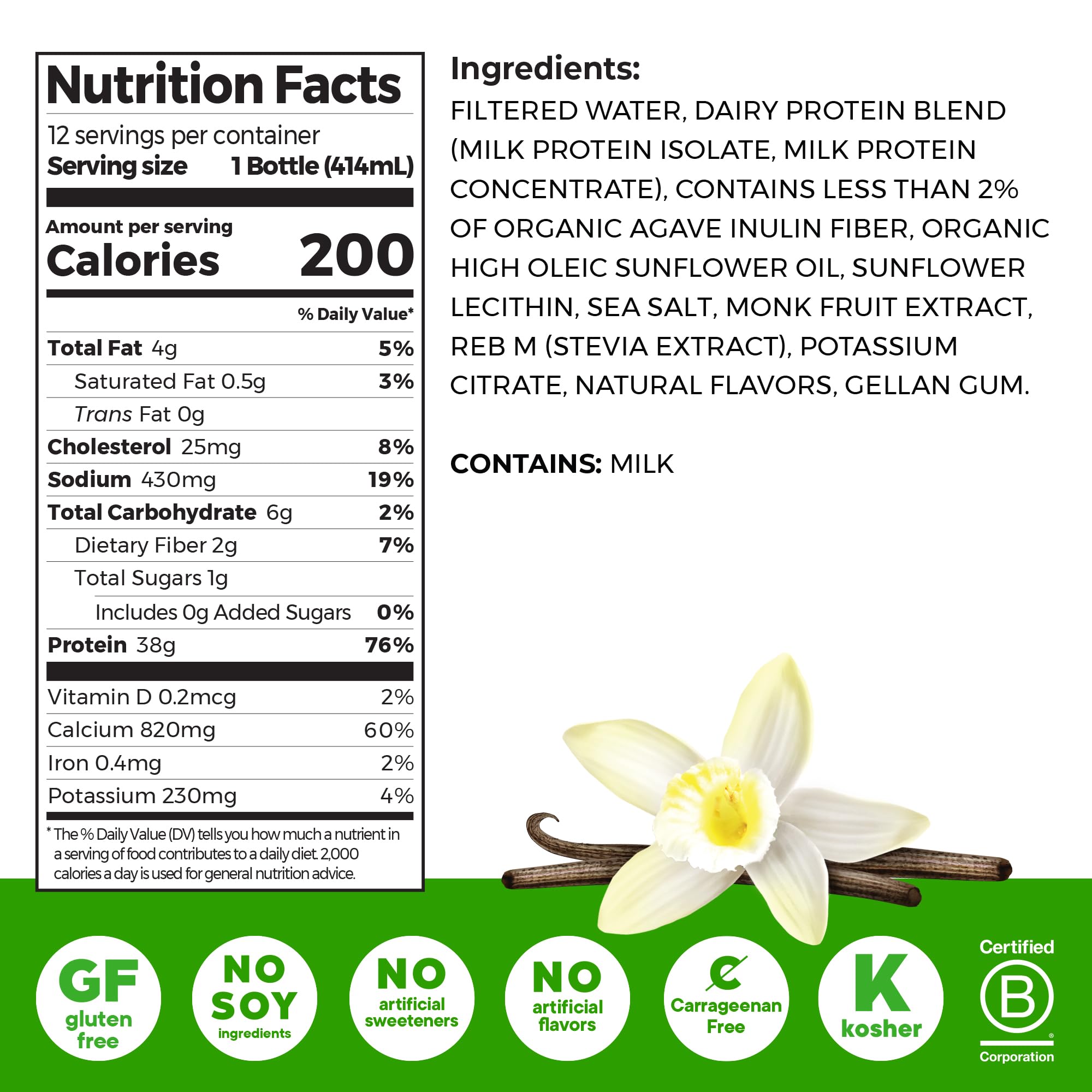 Orgain Vanilla shake label shows 38g protein and 1g sugar