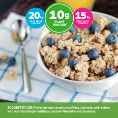 Orgain almond milk vanilla on a cereal bowl highlighting gluten-free calcium boost.