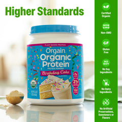 Close-up of Orgain Birthday Cake powder label on bottle