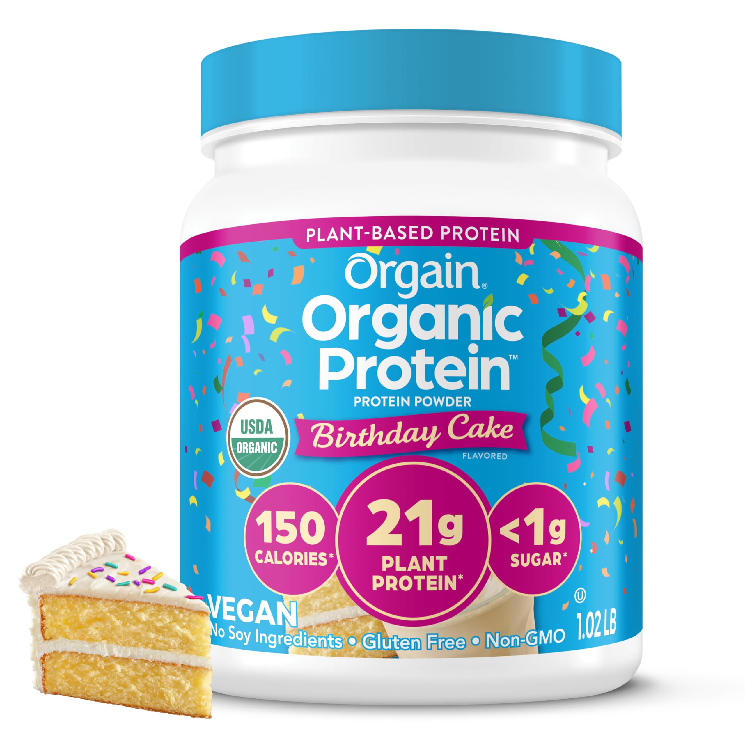 Orgain Birthday Cake protein powder tub ideal for creamy shakes