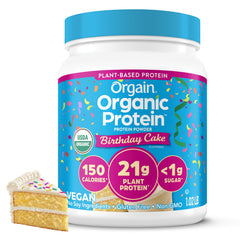 Orgain Birthday Cake protein powder tub ideal for creamy shakes