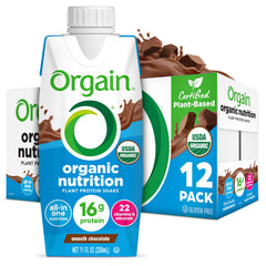 Orgain Organic Vegan Protein Shake bottle in smooth chocolate flavor for on-the-go nutrition.