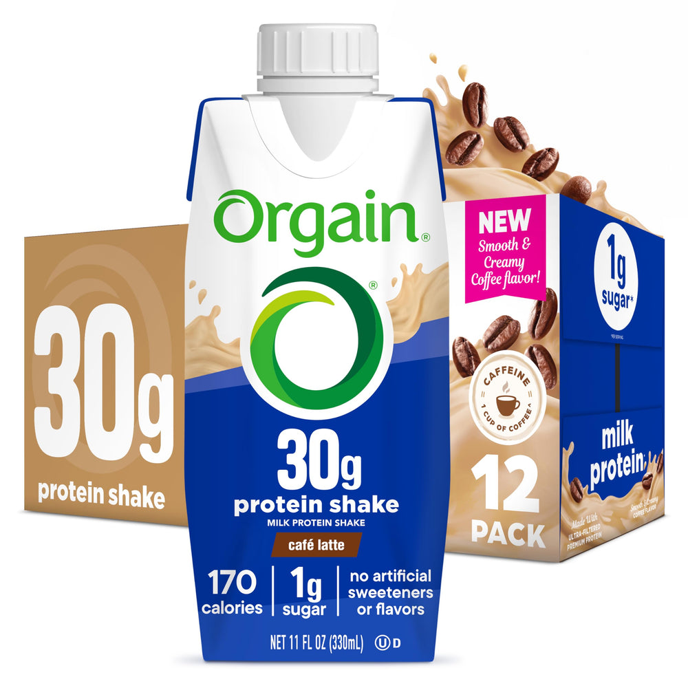 Orgain Café Latte protein shake bottle with creamy texture ideal for post-workout recovery.