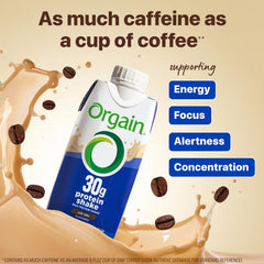 Orgain Café Latte creamy shake pour highlights smooth texture.