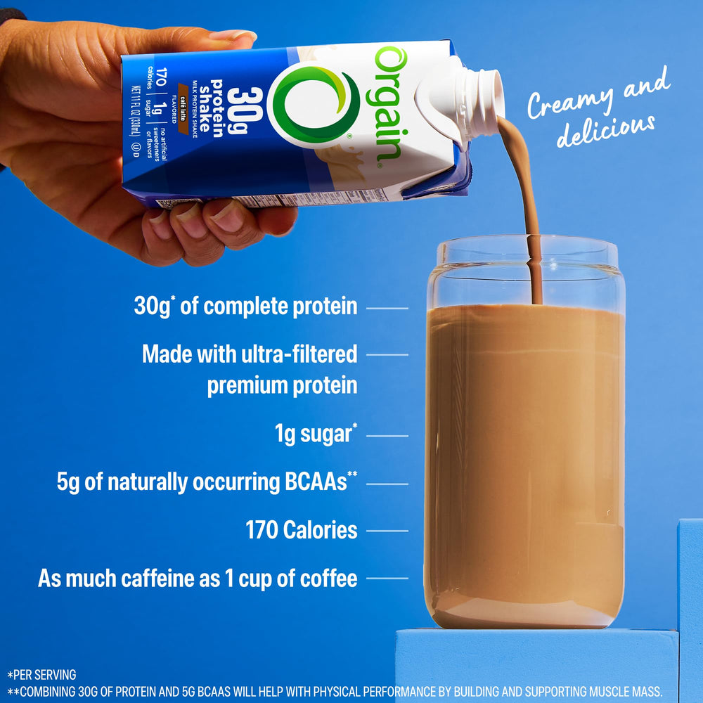 Orgain Café Latte glass with coffee foam signals caffeine boost.