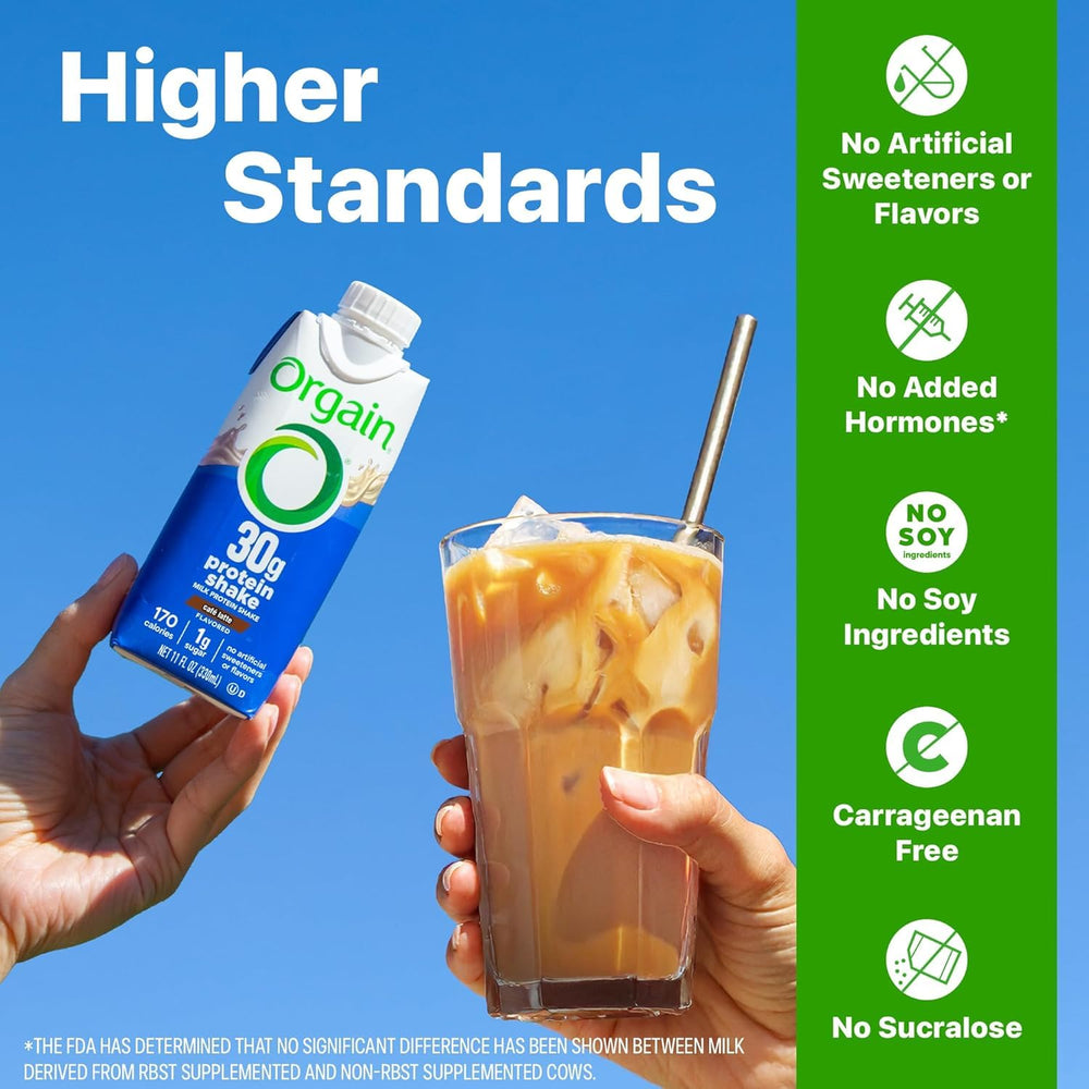 Orgain Café Latte nutrition facts label emphasizes 30g protein.