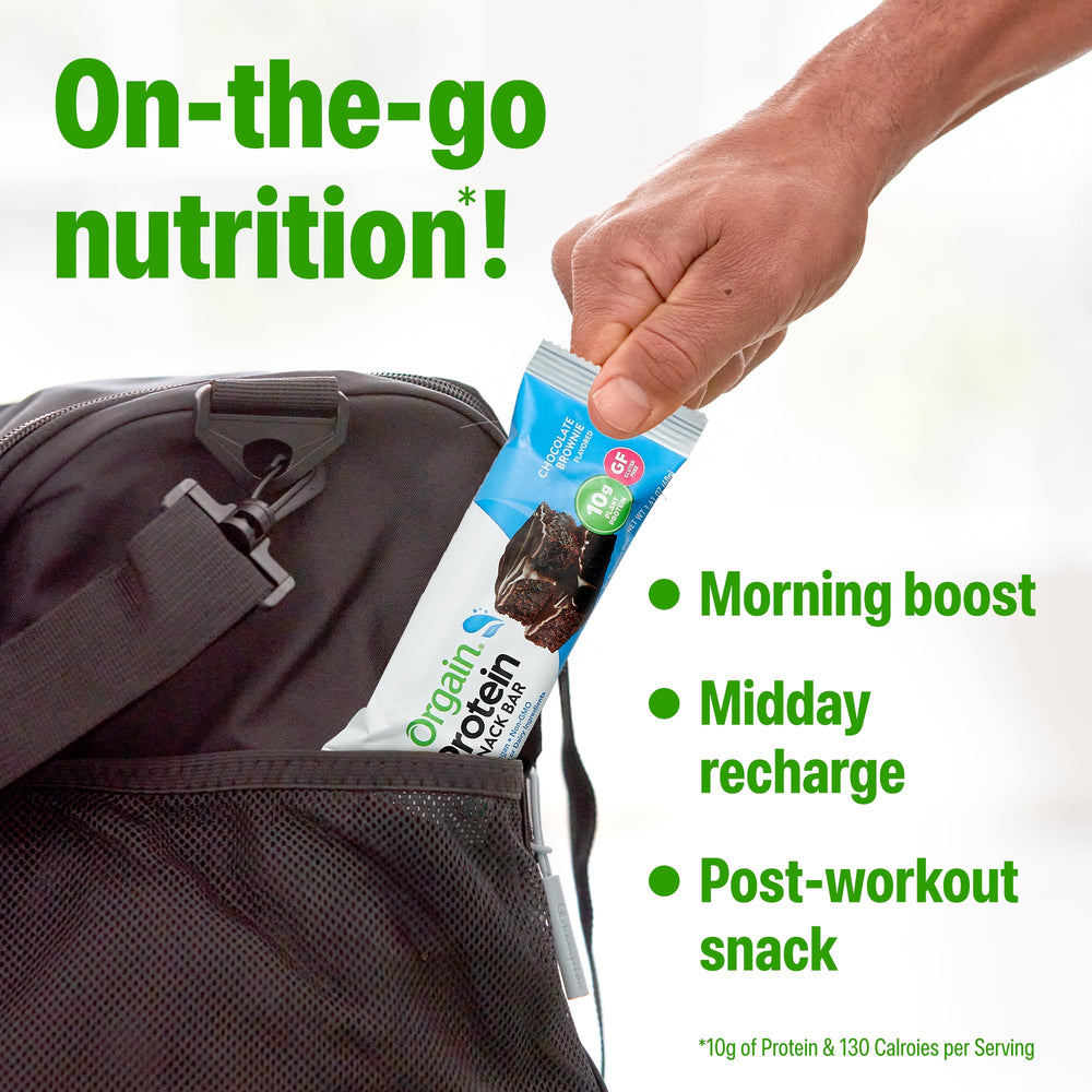 Orgain Chocolate Brownie bar pack on-the-go snack for busy days.