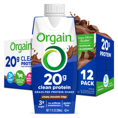 Orgain Clean Protein Shake bottle in creamy chocolate fudge, ready to drink